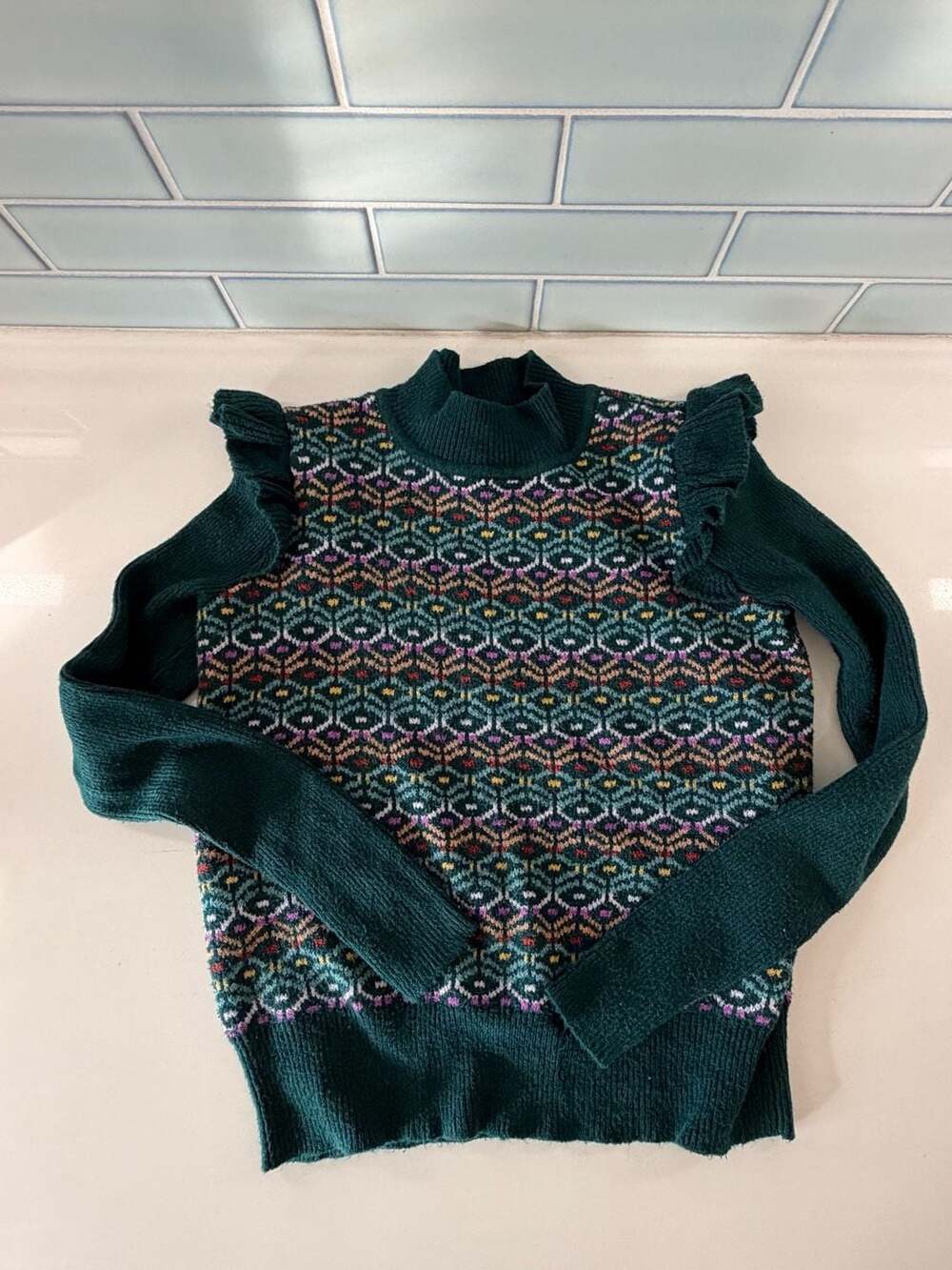 Fair Isle Ruffle Shoulder Mock Neck Sweater in dark teal Green - xs